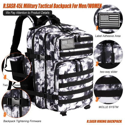 R.SASR 45L Tactical Backpack for Men Women, Military Assault Pack with MOLLE, Large 3 Day Bug Out Bag for Hiking Camping (Black and White)