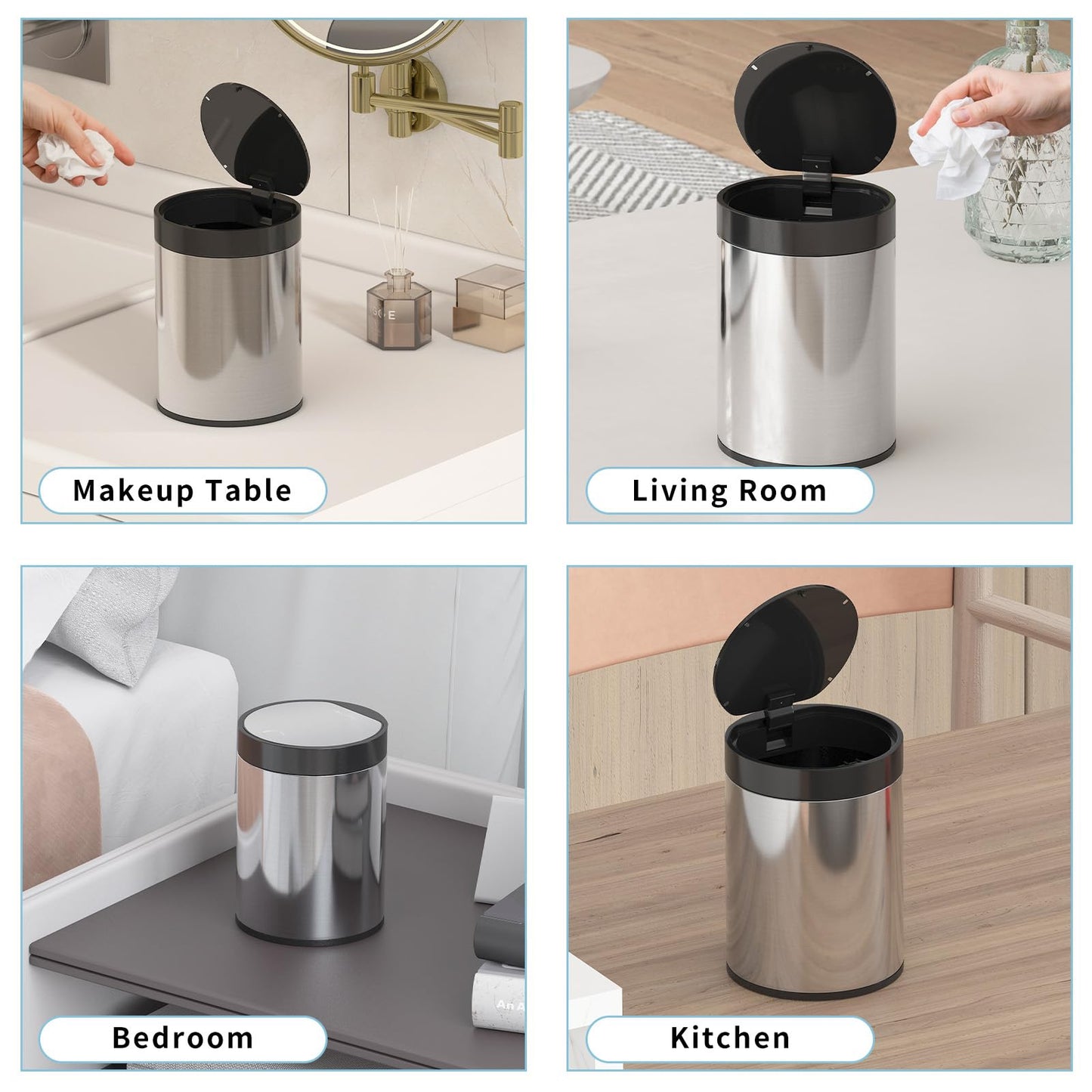 SolaceCove Mini Trash Can for Desk 0.4 Gallon,1.5L Stainless Steel mini Desk Trash can with Lid,Tiny Trash Can for Desk with 1 Roll Bags for Office, Home, Car,(Brushed Gray)
