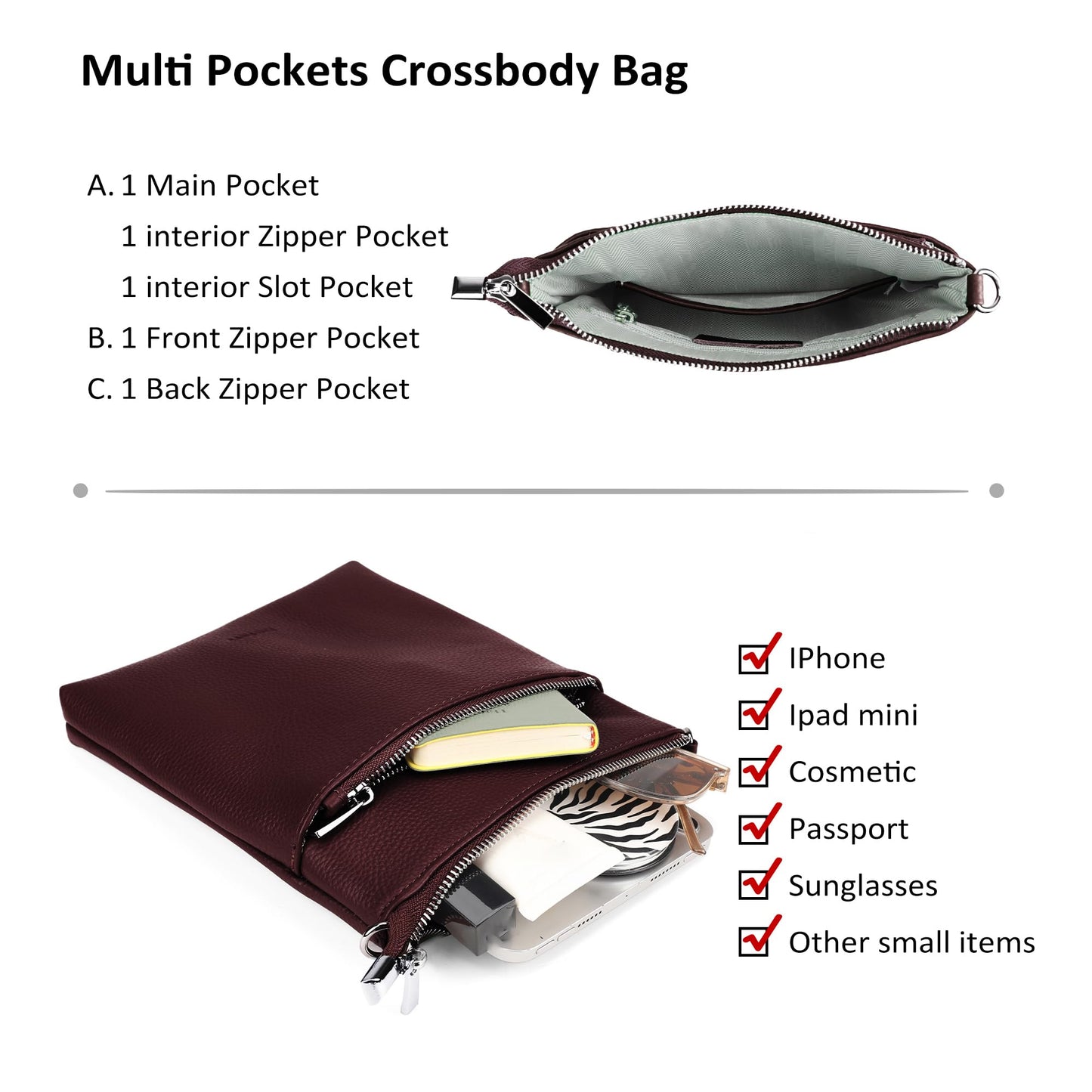 befen Genuine Leather Small Crossbody Bags for Women Travel Cross Body Bags Lightweight with Adjustable Shoulder Strap, Burgundy Red