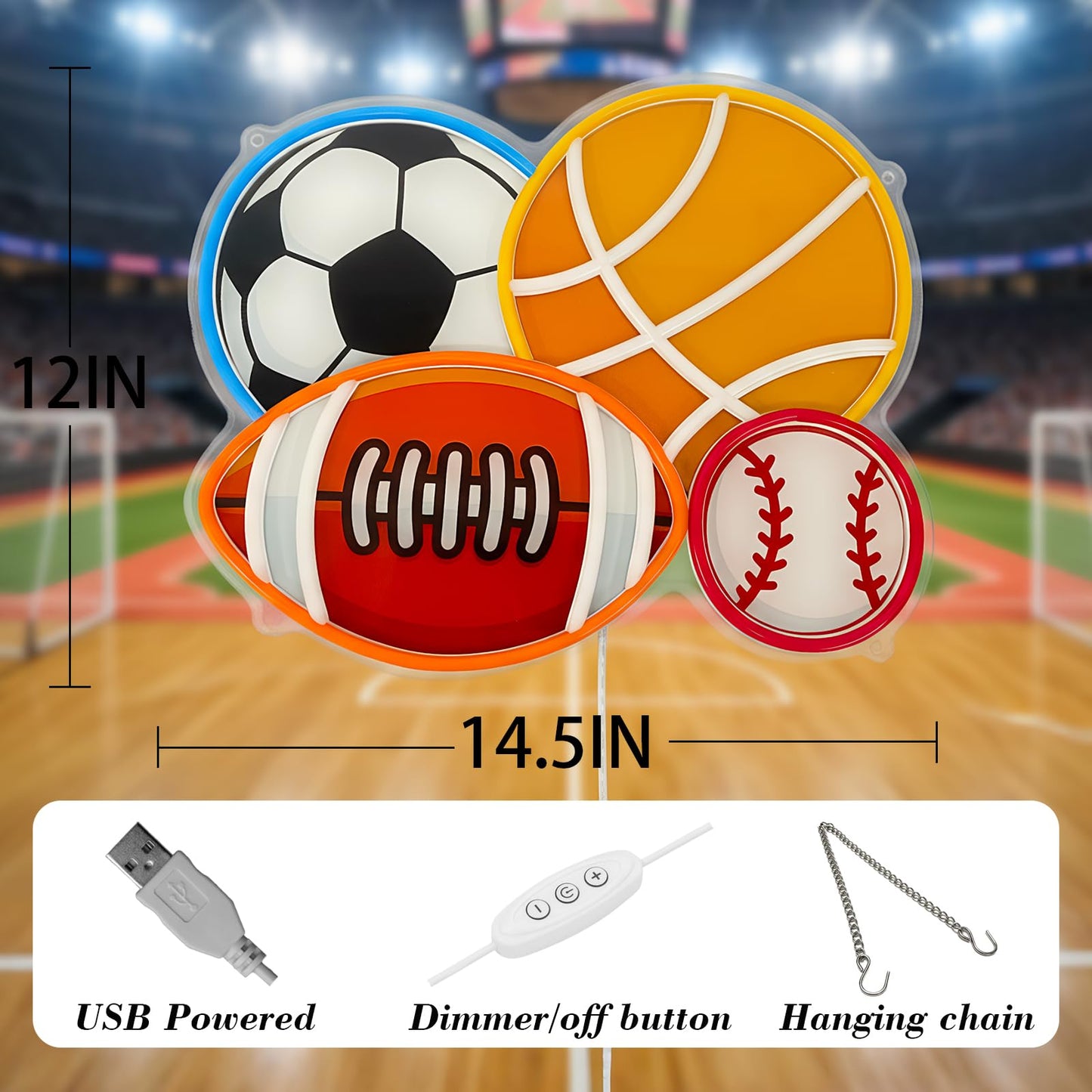 4 Ball Sport Neon Sign, Soccer Basketball Baseball Football Neon LED Light Wall Decor with Printed Design, Sports Themed for Boy's Bedroom Playroom Man Cave Home College Club Birthday Party Decor