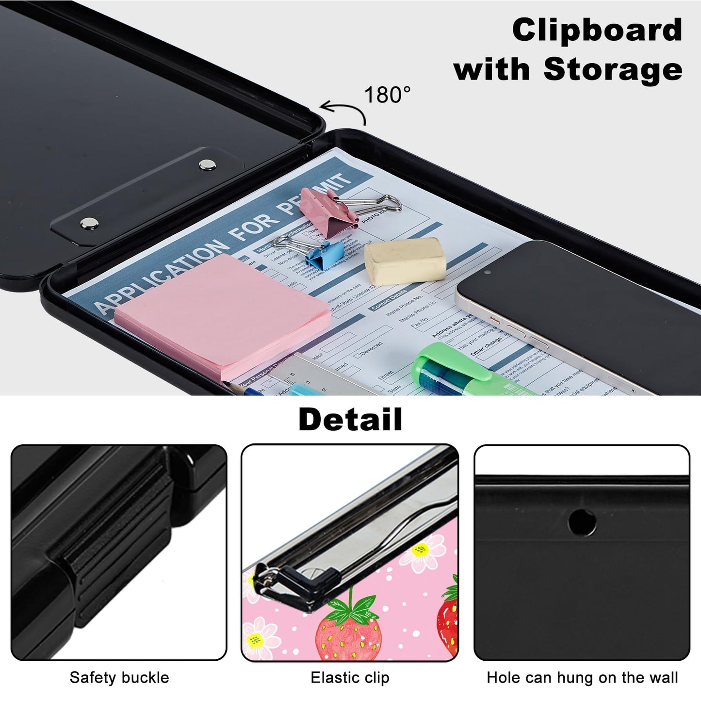 Clipboard with Storage,Plastic Storage Clipboard with Low Profile Clip, Heavy Duty Nursing Clipboards Foldable,Coaches Clipboard Case for Work, Office School Supplies,Teacher,Cute Strawberry Pink