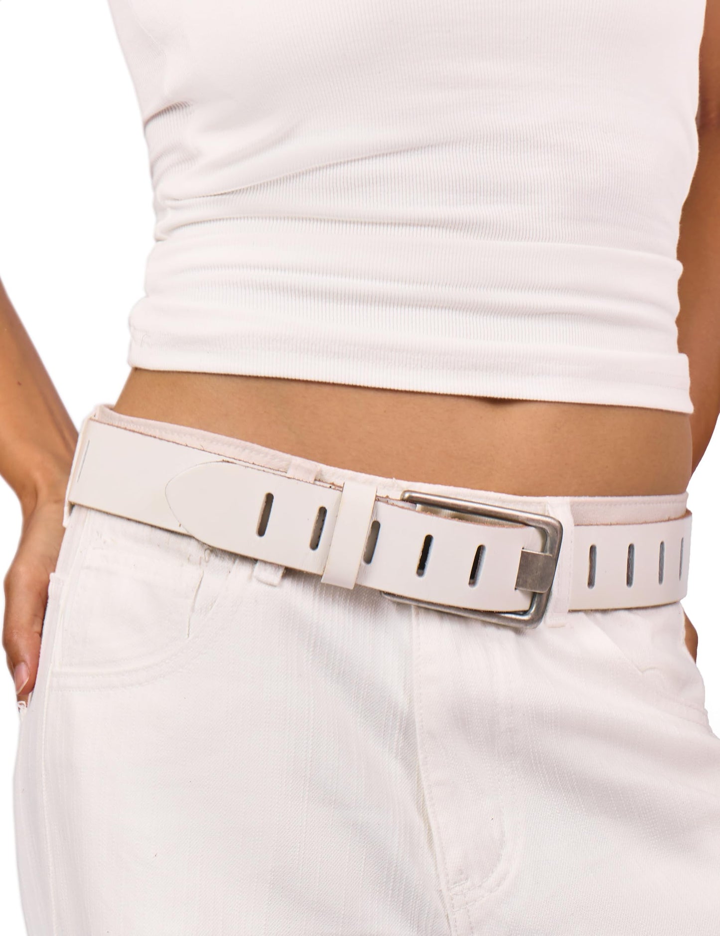 LyzerMia Womens Genuine Leather Belt for Jeans Pants Width 1.57" Western Cowgirl Wide Belts for Ladies with Gift Box, White, Fit for Low Waist 30"-34"