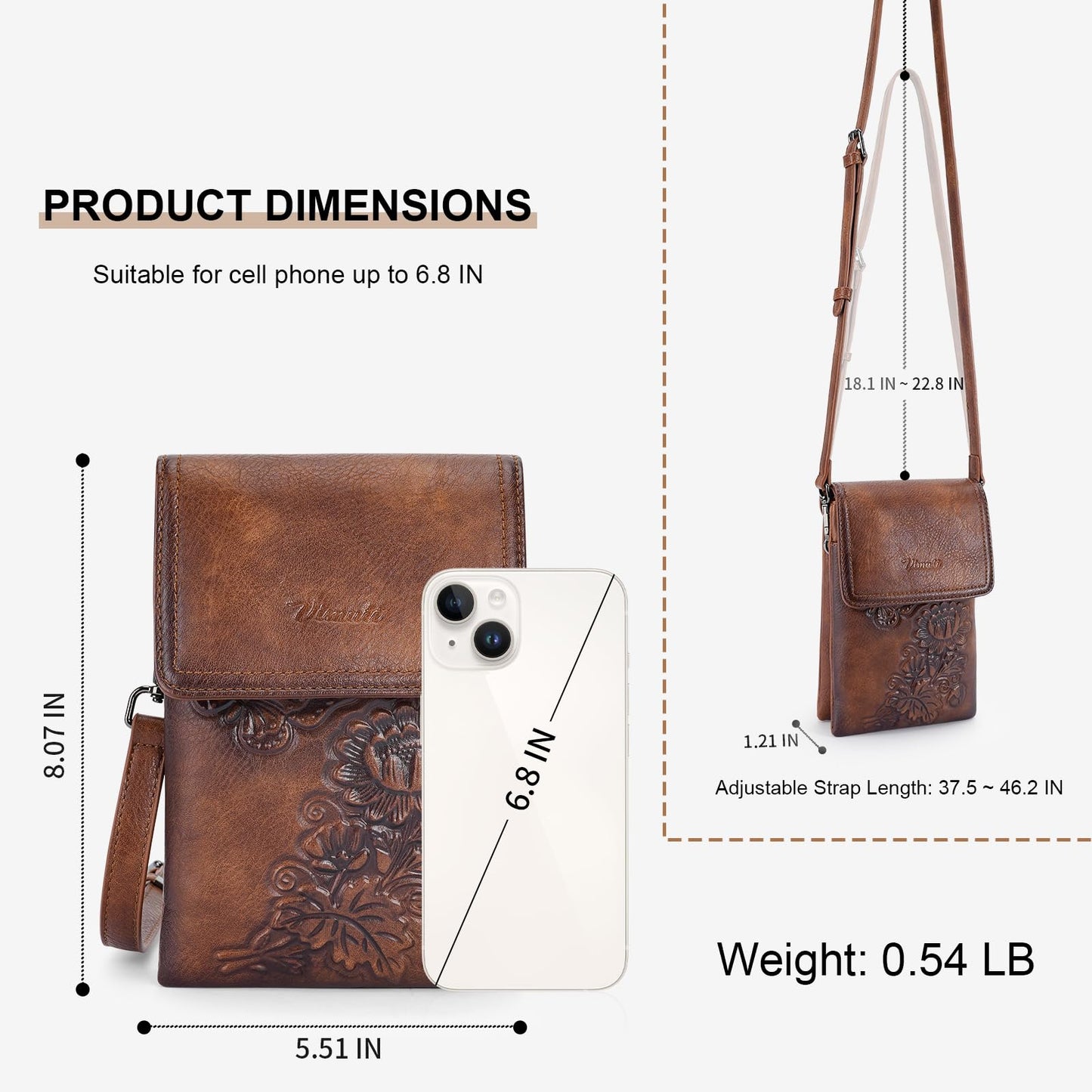 VIMUTI Small Crossbody Bags for Women Trendy Vegan Leather Cell Phone Bag Embossed Flower Design Wallet Purses with Strap (01-Brown)