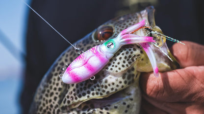 Nomad Design Squidtrex Patented Vibrating Fishing Lure- Scent Added TPE Soft Plastic Lure for Saltwater w/Strong BKK Assist Hooks, Fishing Bait that Catches Many Species- 55mm 2", 1/6oz- Ayu Speckle