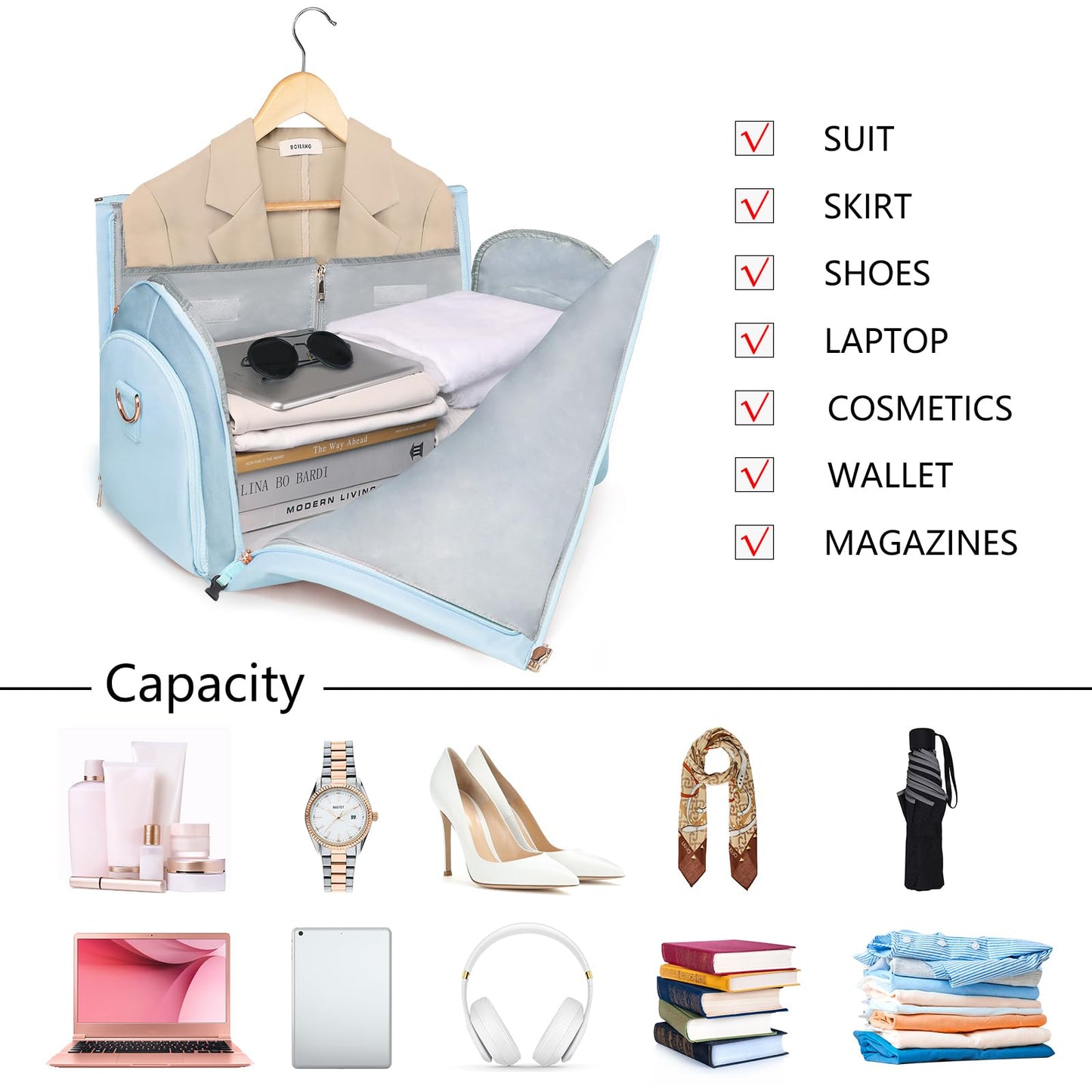 BOLOSTA 2 in 1 Convertible Garment Duffle Bags for Travel Foldable Carry On Garment Bag for Women with Shoe Compartment Leather Suit Bag for Hanging Clothes Long Dresses, Blue