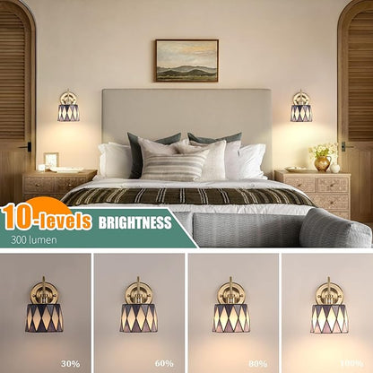 Vintage Battery Operated Wall Sconce Set of 2, 5000mAh Rechargeable Wall Lamp 12 RGB Colors Dimmable, Gold Lights Fixture for Bedroom Bathroom Living Room Hallway Twilight Blue Checker