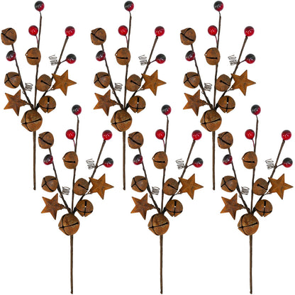 Winlyn 6 Pcs Christmas Rustic Bells Picks Holiday Floral Stem Stars Sprays with Burgundy Berries 10.6" for Christmas Tree Farmhouse Primitive Arrangement Centerpiece DIY Wreaths Garlands