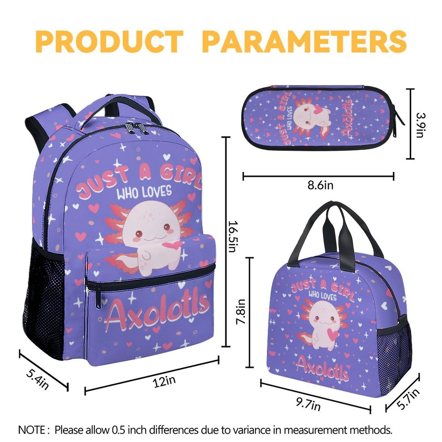 PAKKITOP Girls Backpack with Matching Lunch Box - Axolotl Backpacks with Lunch Bag Pencil Case Combo for Kids - Cute Purple Bookbag and Pencil Case Bundle - Cartoon School Supplies
