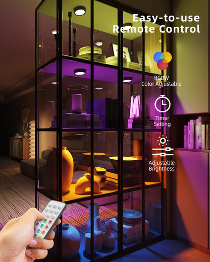USB Rechargeable RGB Puck Lights with Remote, Black Color Changing Battery Powered Tap Light Classroom Magnetic Push light Stick On Closet lamp Wireless LED Shelf Lighting Under Cabinet Touch Lights