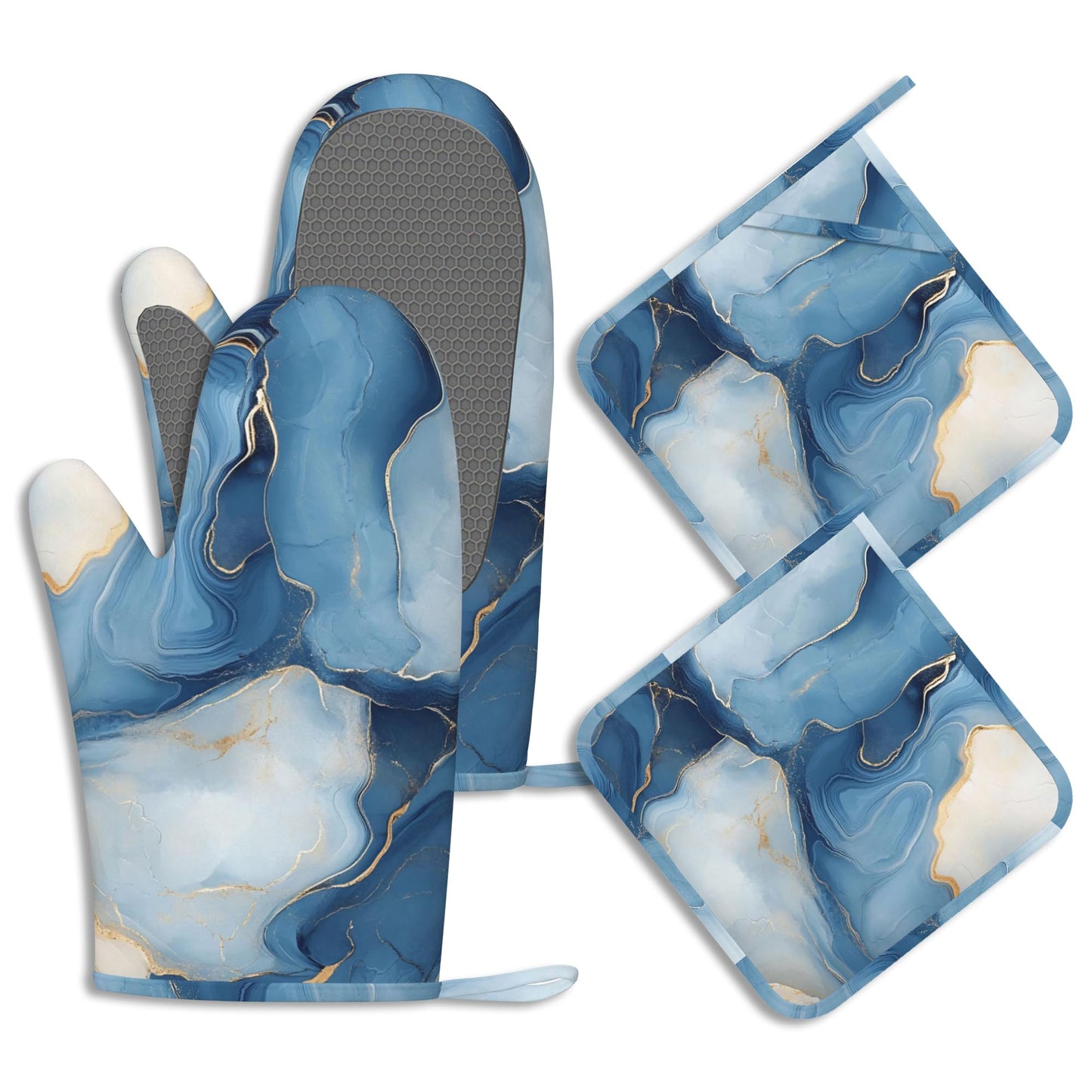 Oven Mitts and Pot Holders Sets Blue Gold Marble Silicone Kitchen Mits Potholders Abstract Heat Resistant 4Pcs Oven Gloves Hot Pads for Baking Cooking BBQ Grilling Home Decor