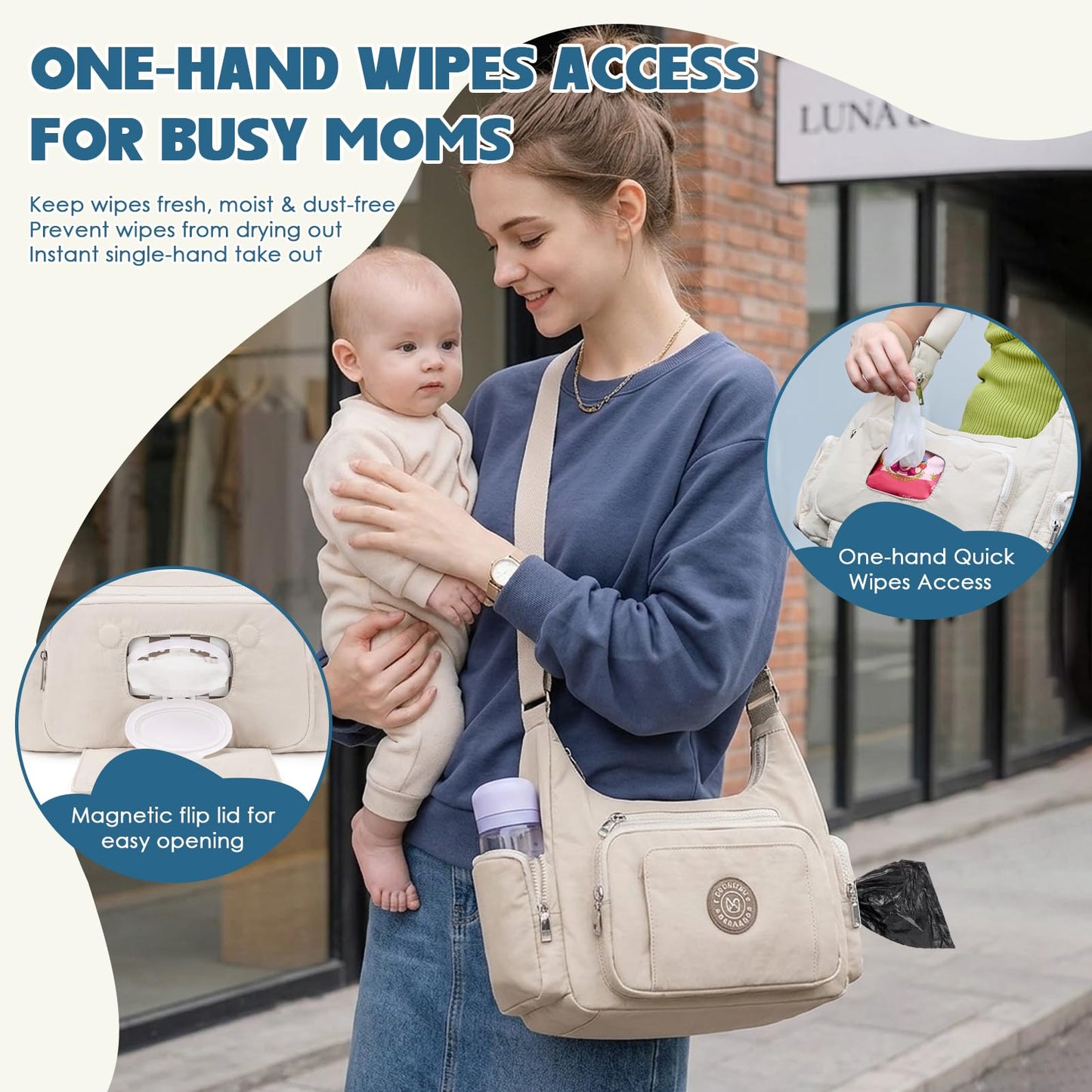 MYHOZEE Puffer Crossbody Diaper Bag for Mom - Lightweight Nylon Mom Bag Purse with Wipes & Trash Bag Dispenser - Compact Stroller Organizer Bag with Insulated Pocket, Water-Resistant, Apricot