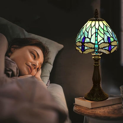 Small Tiffany Lamp 3 Color Temperature Blue Dragonfly Stained Glass Table Lamps 7X7X14 Inch Bedside Nightstand Night Light Desk Office Light for Living Room Bedroom W/LED E12 Bulb