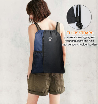 BeeGreen Drawstring Backpack Sports Gym Bag for Women Men Large Cinch Sackpack with 2 Zipper Pockets and Water Bottle Mesh Pockets Black Navy