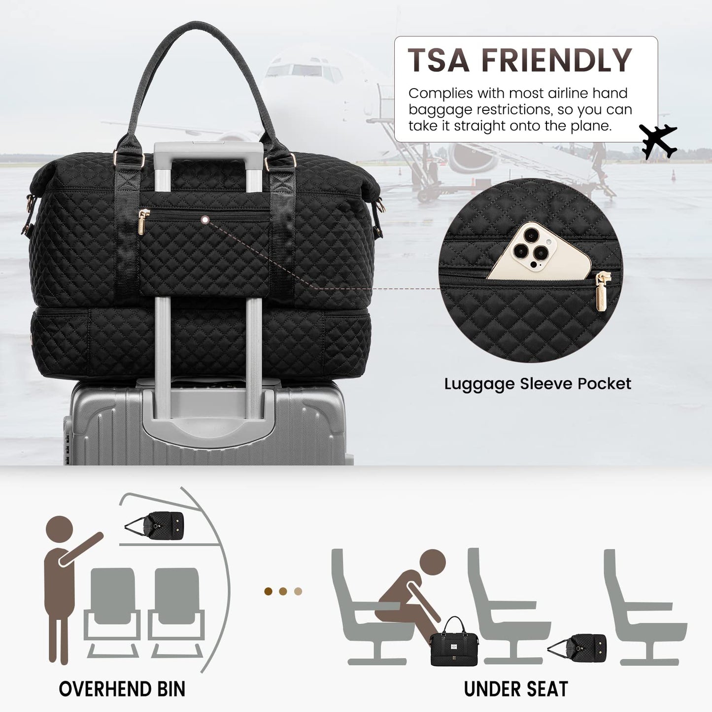LOVEVOOK Travel Duffle Bag, Weekender Bags for Women with Shoe Compartment, Carry on Overnight Bag with Toiletry Bag, Gym Duffel Bag with Wet Pocket, Hospital Bags for Labor and Delivery, Black