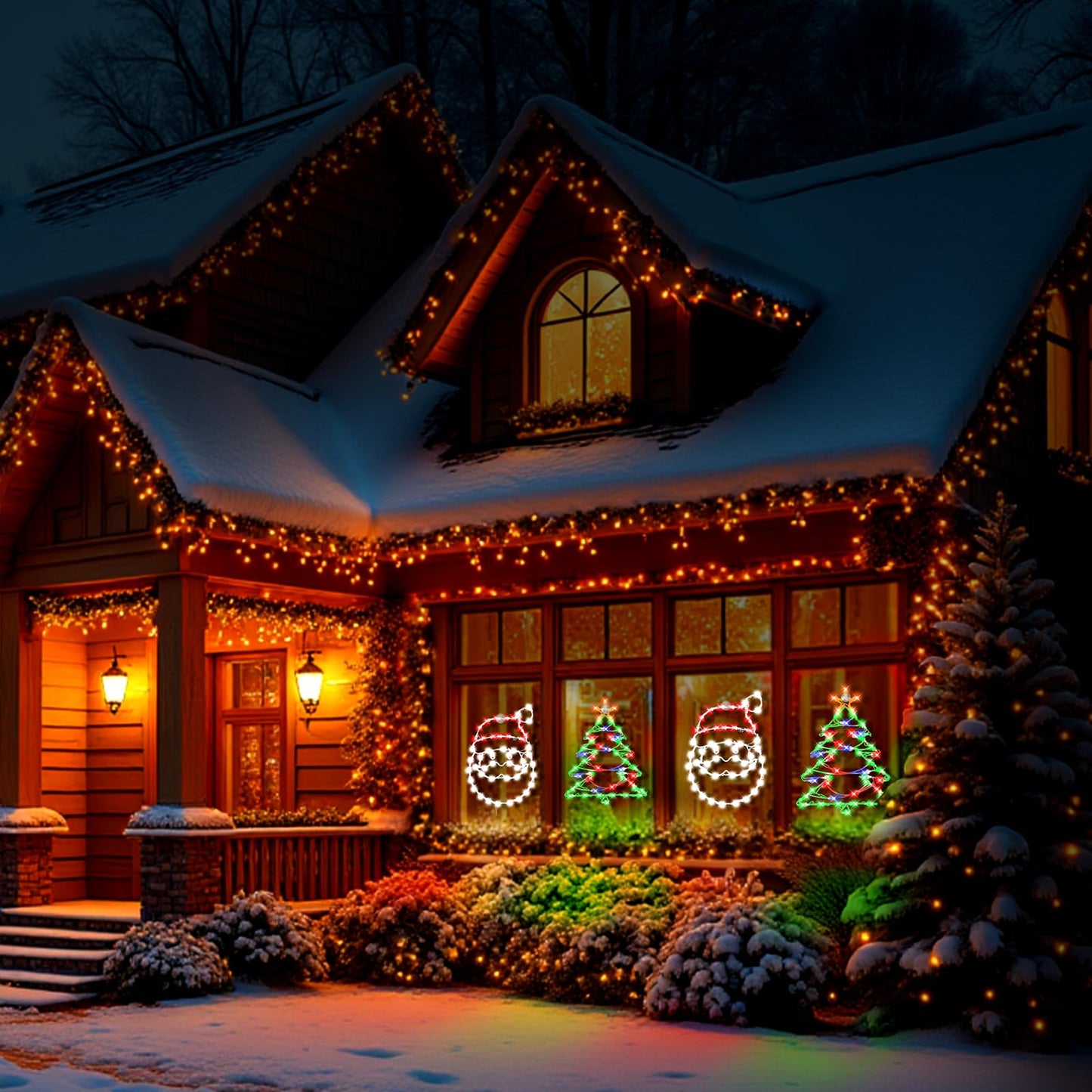 16" Christmas Window Silhouette LED Lights Decorations with Battery Powered, Pack of 2 Sign Lighted Santa Claus head and Christmas tree Christmas Window Lights with for Indoor Wall Door Glass Decor