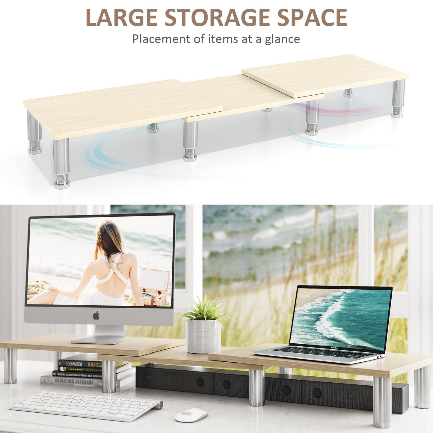 AX Waber Dual Monitor Riser - Adjustable Length & Angle, Wooden Stand for 2 Monitors with Storage