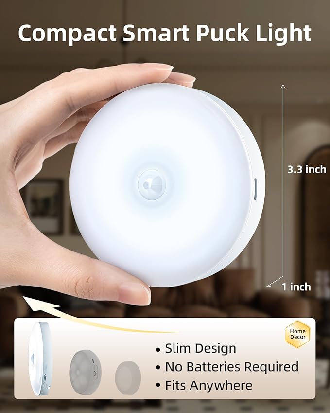 EZVALO 6-Pack Under Cabinet Lighting, Rechargeable Motion Sensor Puck Lights with Remote, 3 Color Temps &12 RGB Colors, Magnetic Stick on Light, Dimmable Under Counter Lights for Kitchen, Shelf, Stair