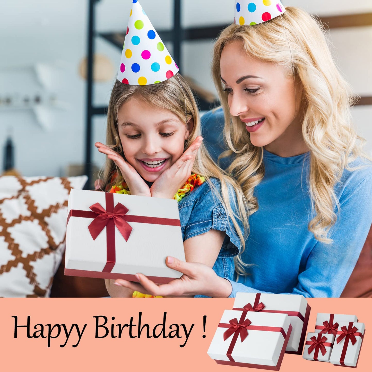 Eerbaier Gift Box for Present, Set of 5 Gift Boxes with Lids, Sturdy and Elegant Boxes for Gifts, Red Gift Boxes with Ribbon for Birthday, Anniversaries, Weddings, etc.(Red/White)
