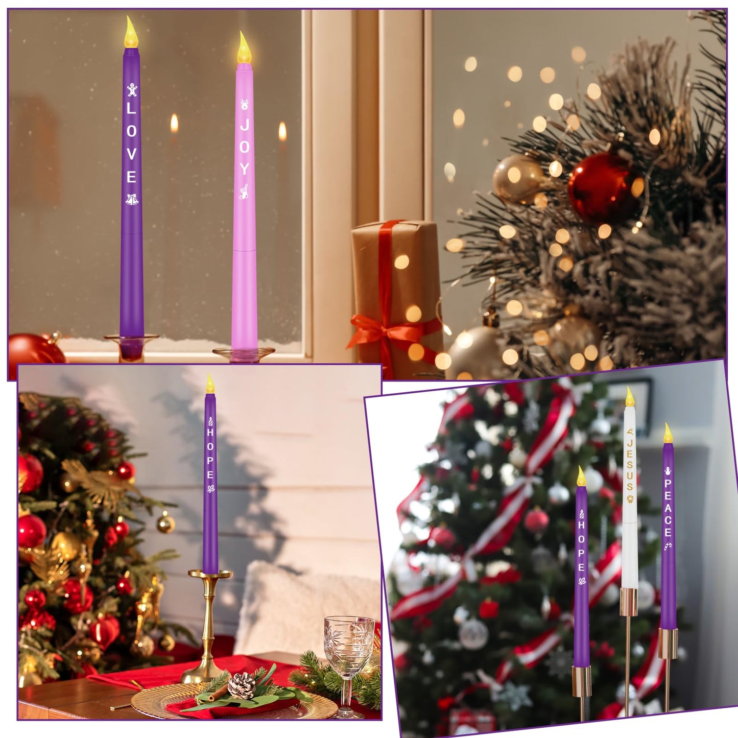 RGQSUN LEDs Flameless Advent Candles Sets of 5 Christmas Advent Candles Battery Operated Flickering Flameless Taper Candle for Christmas Wreath Advent Decor(Battery is not Included)