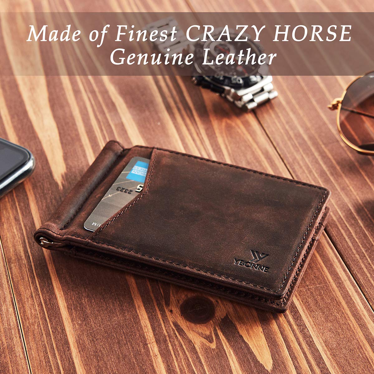 YBONNE Mens Slim Wallet with Money Clip Front Pocket RFID Blocking Thin Bifold Leather Card Holder Minimalist Mini Billfold