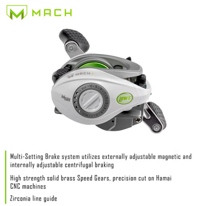 Lew’s MACH 1 Baitcast Fishing Reel, 7+1 Bearings, 7.5:1 Gear Ratio, Graphite Frame and Sideplate, Multi-Setting Brake, Speed Gears, Left-Hand Retrieve