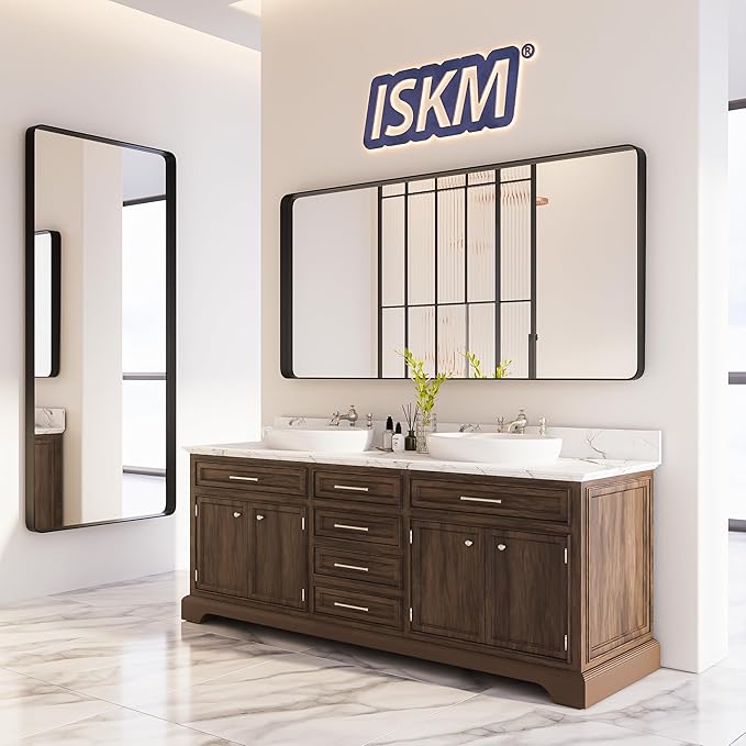 ISKM Black Bathroom Mirror for Wall 40" x 24" Matte Black Framed Vanity Mirror, Shatter-Proof, Tempered Glass, Rounded Rectangle Mirror(Horizontal/Vertical)