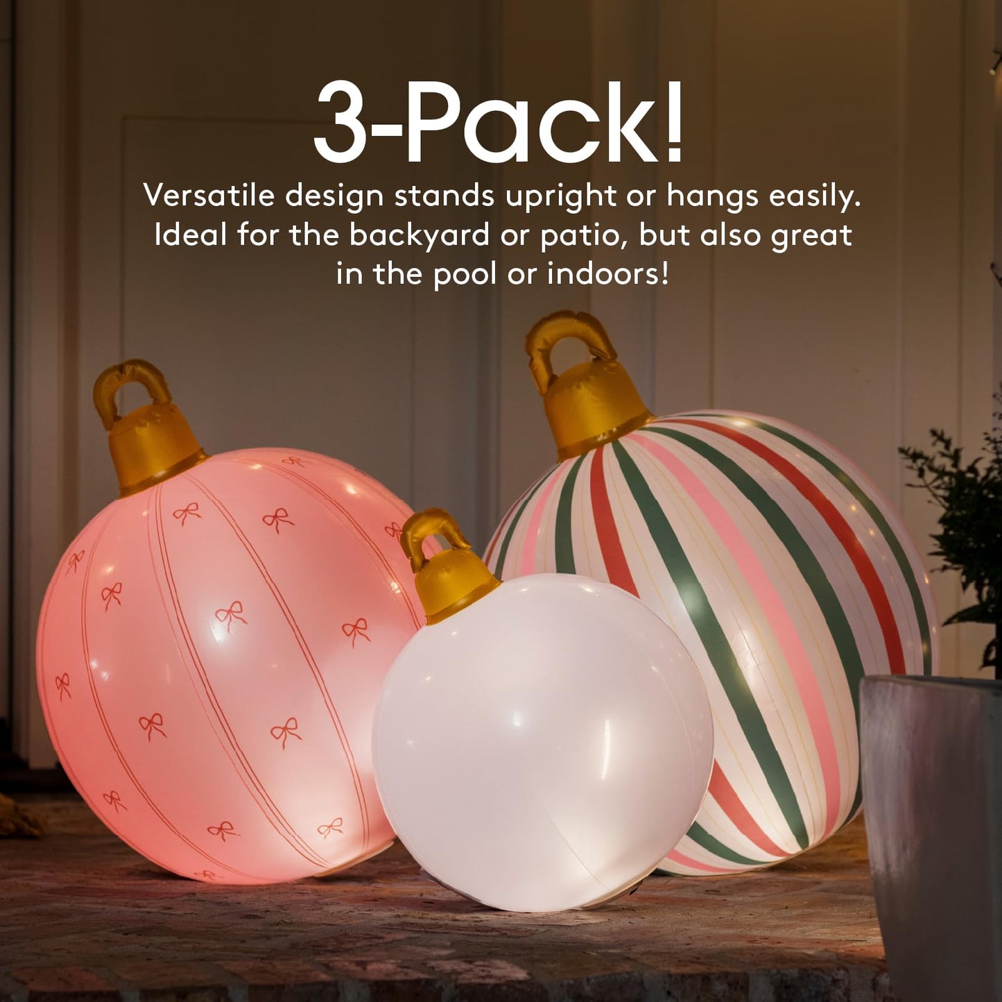 FUNBOY Giant Inflatable Light-Up Classic Pink Christmas Ornaments, 3 Giant Sizes 24'', 22'' and 16.5'' Indoor/Outdoor (3 Pack)