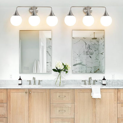 Bathroom Vanity Light Fixtures: Brushed Nickel 3-Light Mid Century Modern Bathroom Lighting Fixtures Over Mirror - Wall Sconce with Milky White Globe Glass for Bath Living Room