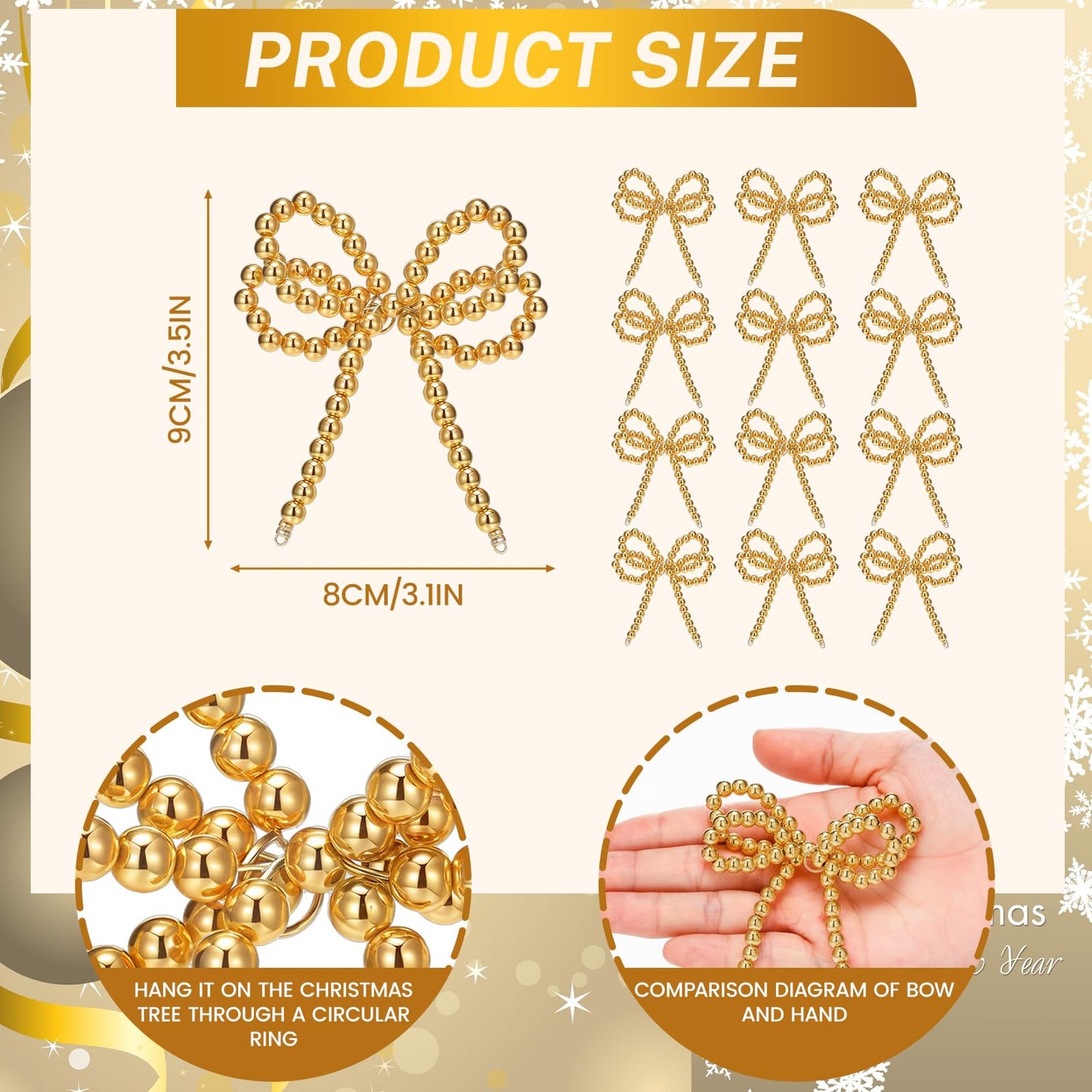 Arrowbash 12 Pcs Pearl Bow Christmas Tree Ornaments Gold Christmas Metallic Pearl Bead Bow Hanging Ornaments 3.15 x 3.54 Inches Pendant for Garland Wreath Gift Wrapping DIY Craft Holiday Decoration