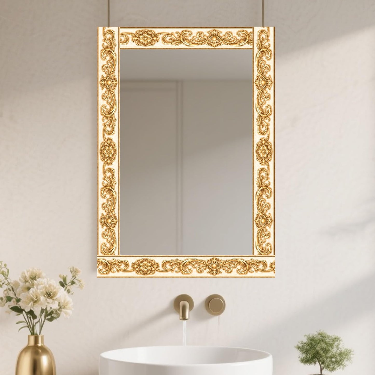 Nuxovilar Wallpaper Border Peel and Stick 3.94x16.4Ft PVC Removable Self-Adhesive Bathroom Kitchen Living Room (Gold Baroque Floral Scroll Pattern)