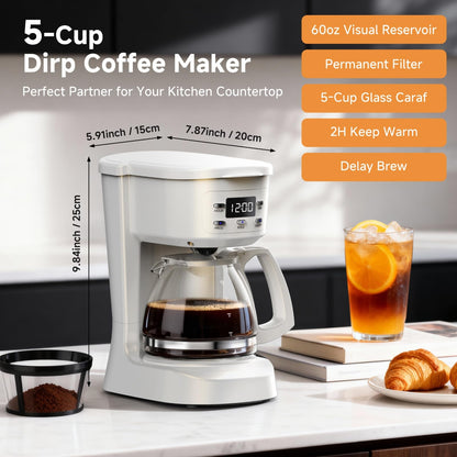 Coffee Maker, 5 Cup Drip Coffee Machine with Glass Carafe, 20 Hours Programmable Timer, 2 Hours Keep Warm, Compatible with Ground&Tea – Portable Small Cafetera for Home, Office, Travel&Camping-White