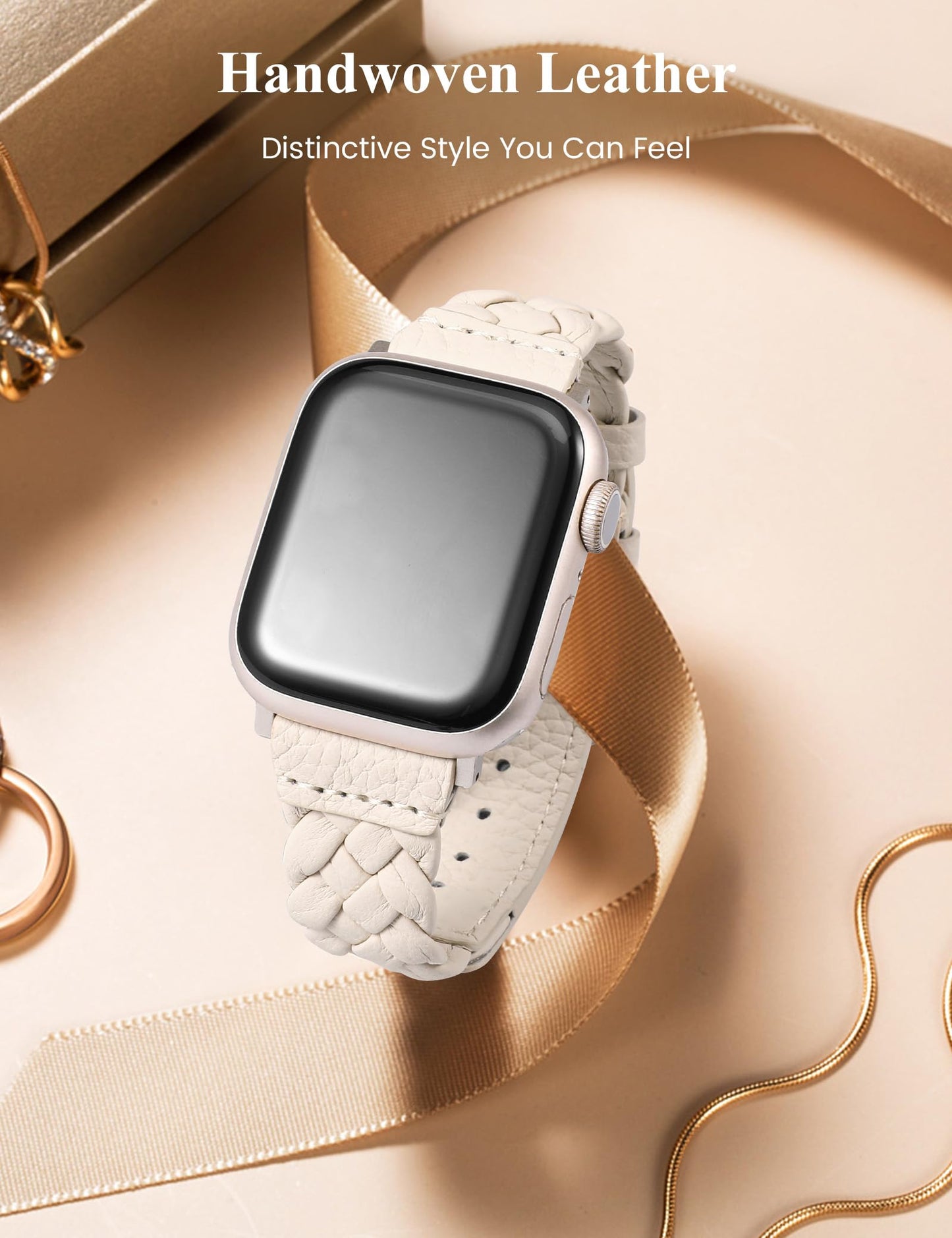 TOYOUTHS Braided Leather Strap Compatible with Apple Watch Band Women 38/40/41/42mm Soft Thin Leather Cute Dressy Designer Handwoven Bracelet for iWatch Series 11 10 9 8 7 6 5 4 SE 3 2 1, Starlight