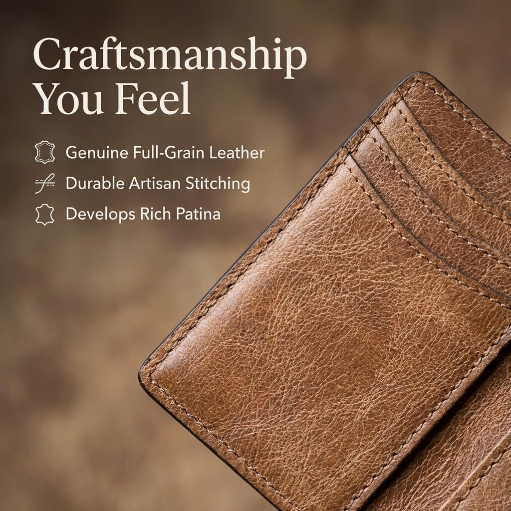 NKPT Slim Leather Credit Card Holder Wallet for Men | Full-Grain Leather, RFID Blocking, 6 Card Slots | Charcoal Gray