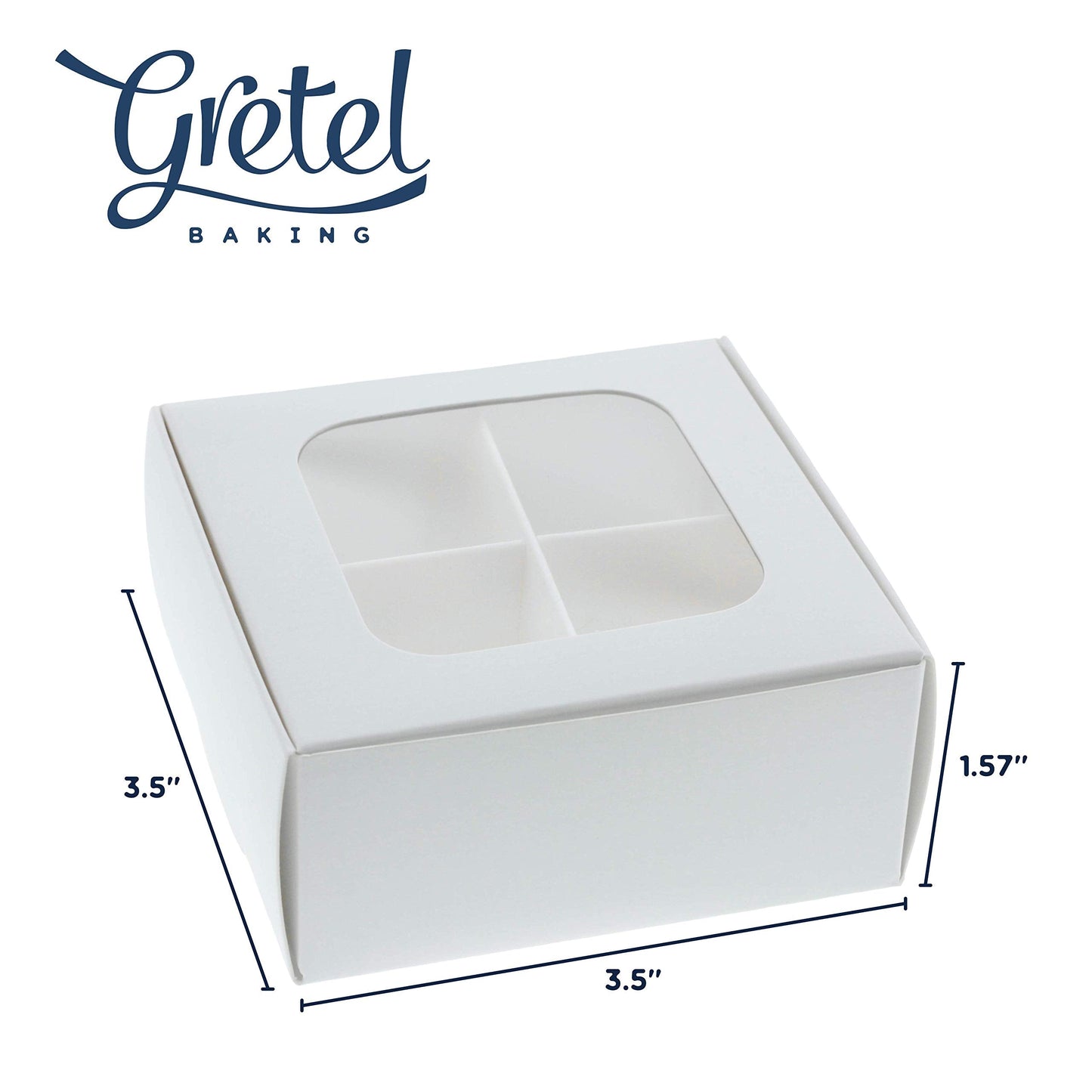 GRETEL BAKING Treat Boxes - 20 ct 3.5 x 3.5 x 1.6 in Bakery Boxes with Windows and Dividers for Candy, Cookies, Cupcakes, or Bakery Desserts - Chocolate, Treats, and Baked Goods Packaging for Gifting