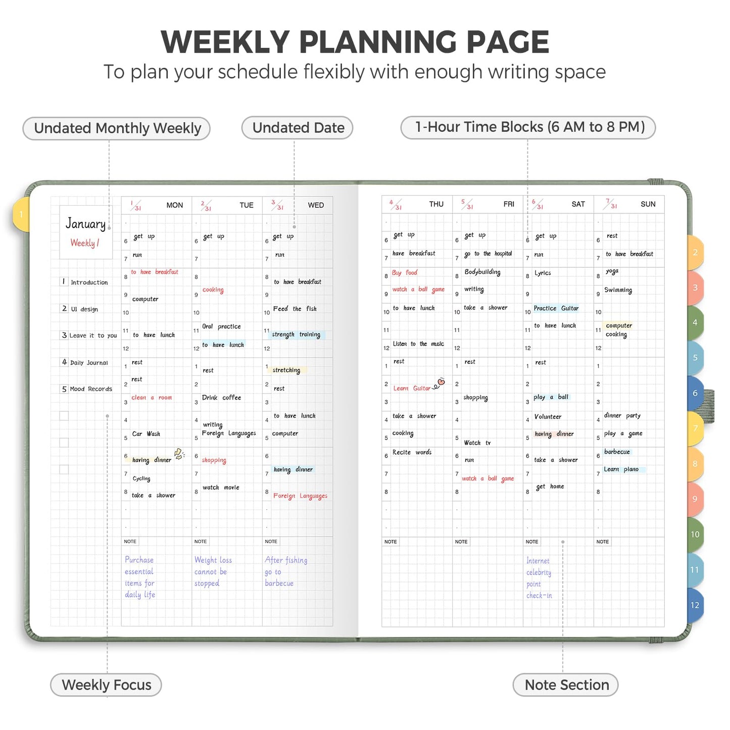 LOAPEM Undated Appointment Book, Hourly, Daily, 52 Weekly & 12 Monthly Planner, 6 AM - 8 PM, Medium Size (5.7" x 8.3"), Leather Hardcover, 12 Self-adhesive Monthly Tabs (Light Green)