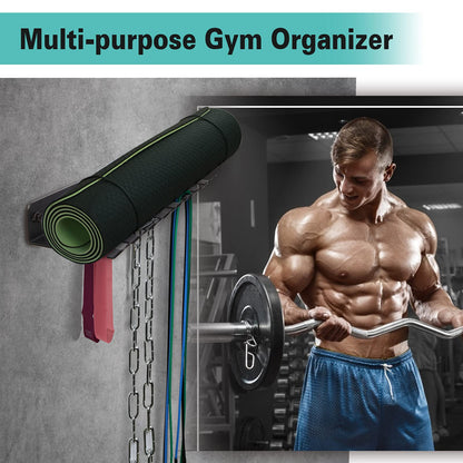 Heavy Duty Wall Mount Gym Rack 16" 8-Prong Multi-Purpose Storage for Barbells, Resistance Bands, Jump Ropes, Lifting Belts, Chains, Foam Rollers & Straps Home Gym Organizer