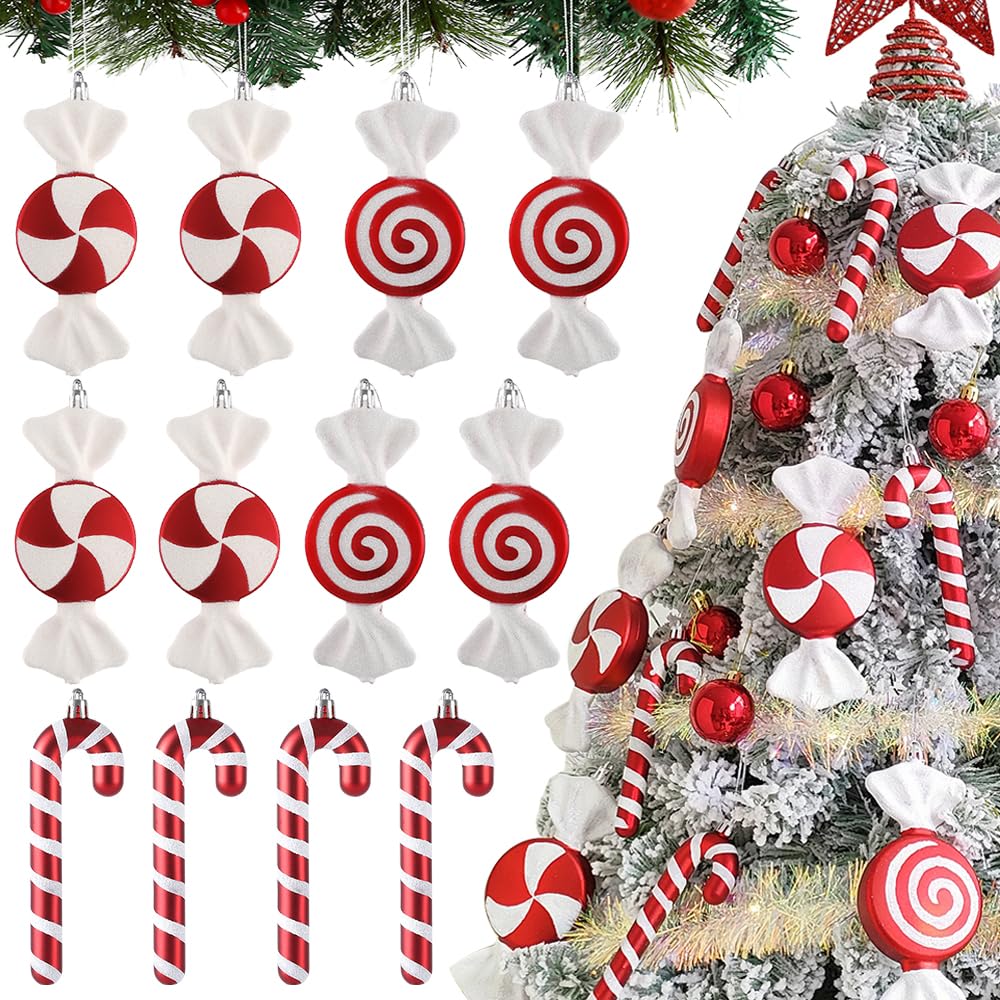 12Pcs Christmas Lollipop Candy Cane Ornaments, Hanging Christmas Tree Crafts 6.5Inch Red White Fake Pendant for Xmas Tree Decor New Year Home Party Supplies
