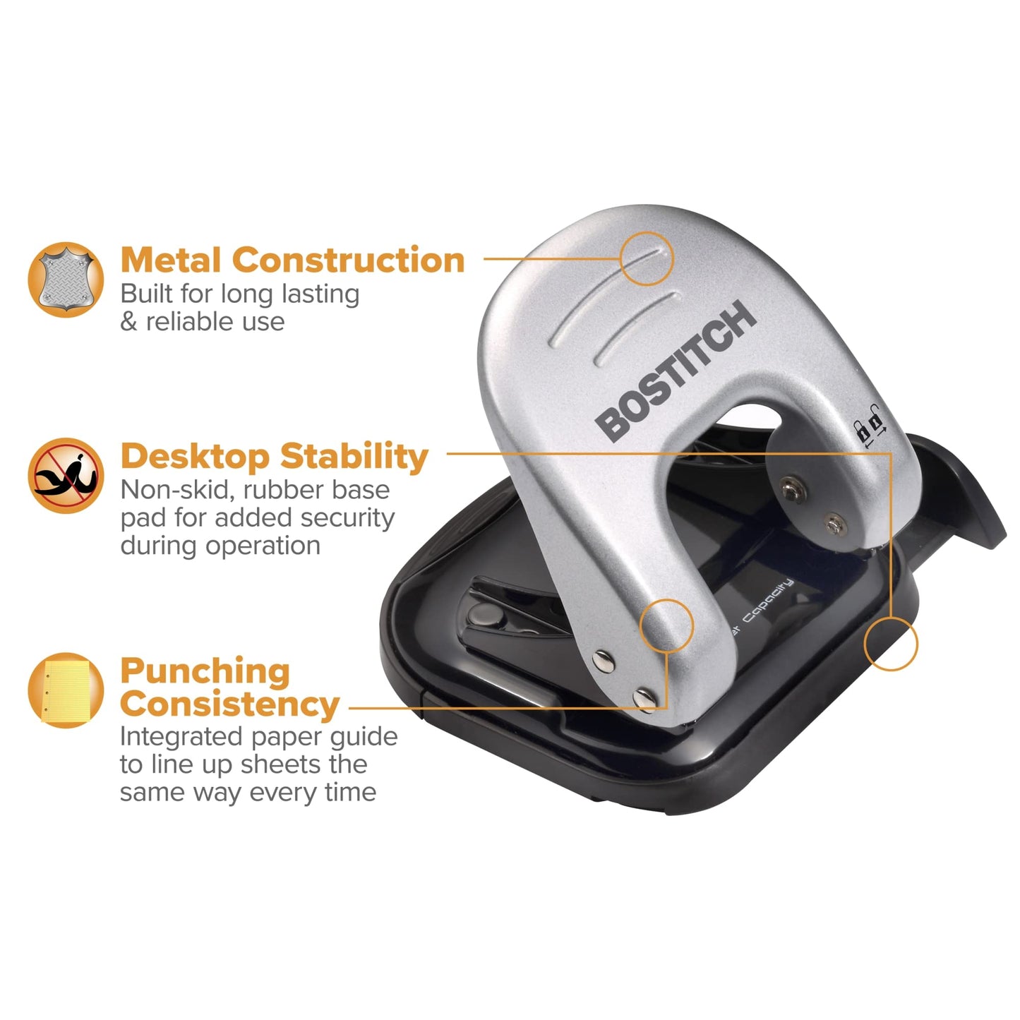 Bostitch Office EZ Squeeze Reduced Effort 2-Hole Punch, 2 Sheets, Locking Handle, Silver (231)