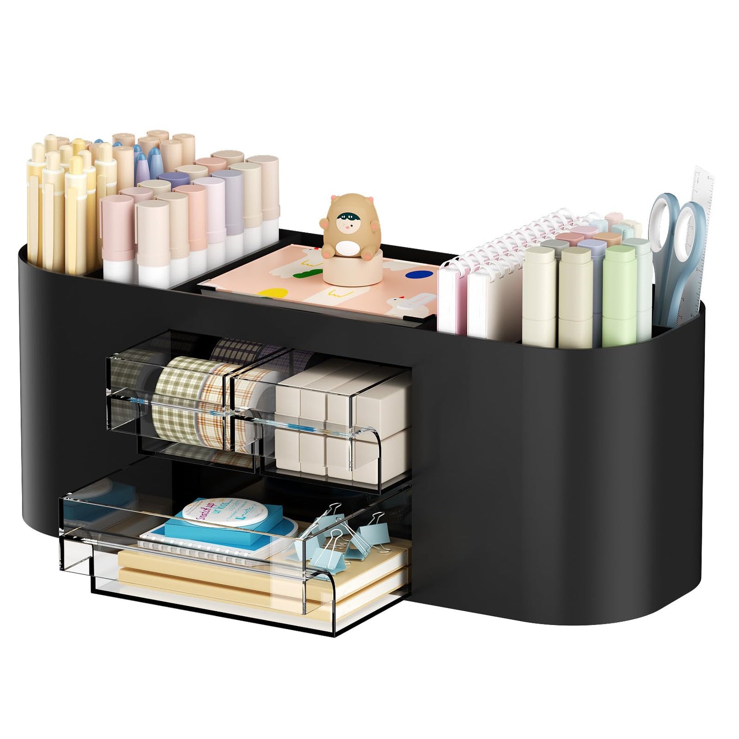 Marbrasse Desk Organizer Pen Holder with 3 Drawers, Multi-Functional Pencil Holder,Desk Organizers and Accessories with 7 Compartments for Home, School, Classroom (Black)