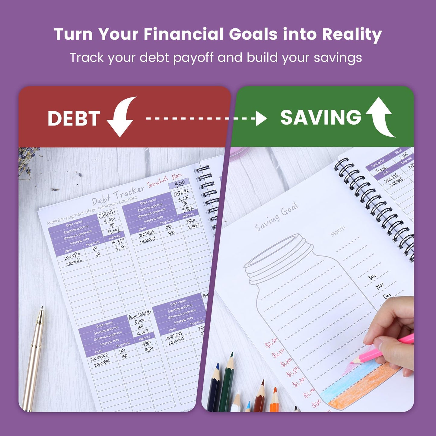 Monthly Budget Planner Book (Undated) with 12 Pockets for Income, Debt, Saving, Expense and Bill Tracker Organizer, Purple, Spiral Design