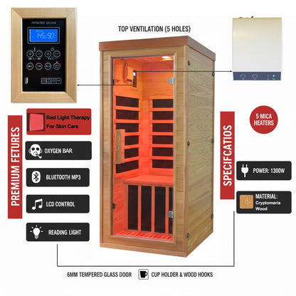 Homsido Red Light Therapy Infrared Sauna, 1300W 110V Indoor Wood Dry Sauna with Carbon Crystal Heaters, Red Light Therapy Lamp,Home Use for Post-Workout Recovery, Spa Relaxation, for Women Men