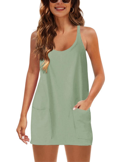Lentta Womens Athletic Sleeveless Mini Dress with Built-in Shorts V Neck Spaghetti Strap Sundress(PeaGreen-XS)