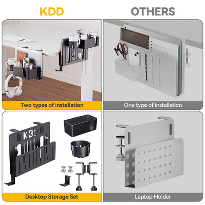 KDD 7 in 1 Desk Side Organizer Set, Under Desk Laptop Holder Storage, No Drill Laptop Stand Mount with 2 Cup Holder, Pen Holder, Headphone Hanger and 2 Pin Magnet, Detachable Hanging Stand
