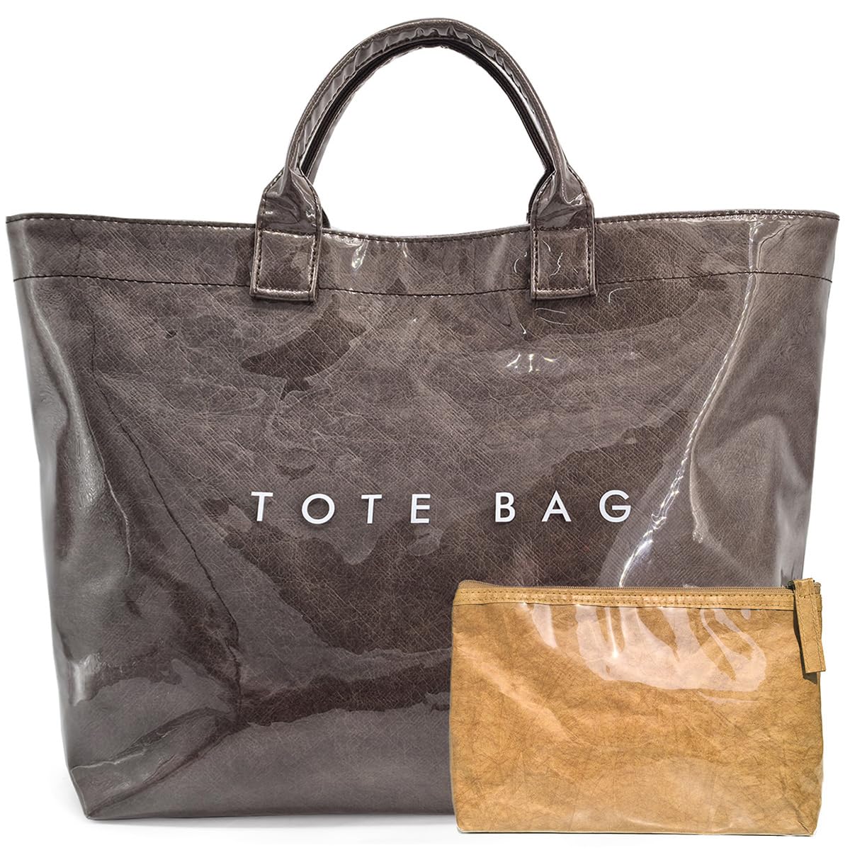 LuxMall PVC Tote Bag for Women Large Tote Purse Kraft Paper The Letters Print Bag Hobo Handbag with Top Handle for Work Travel Shopping Beach, Coffee Brown