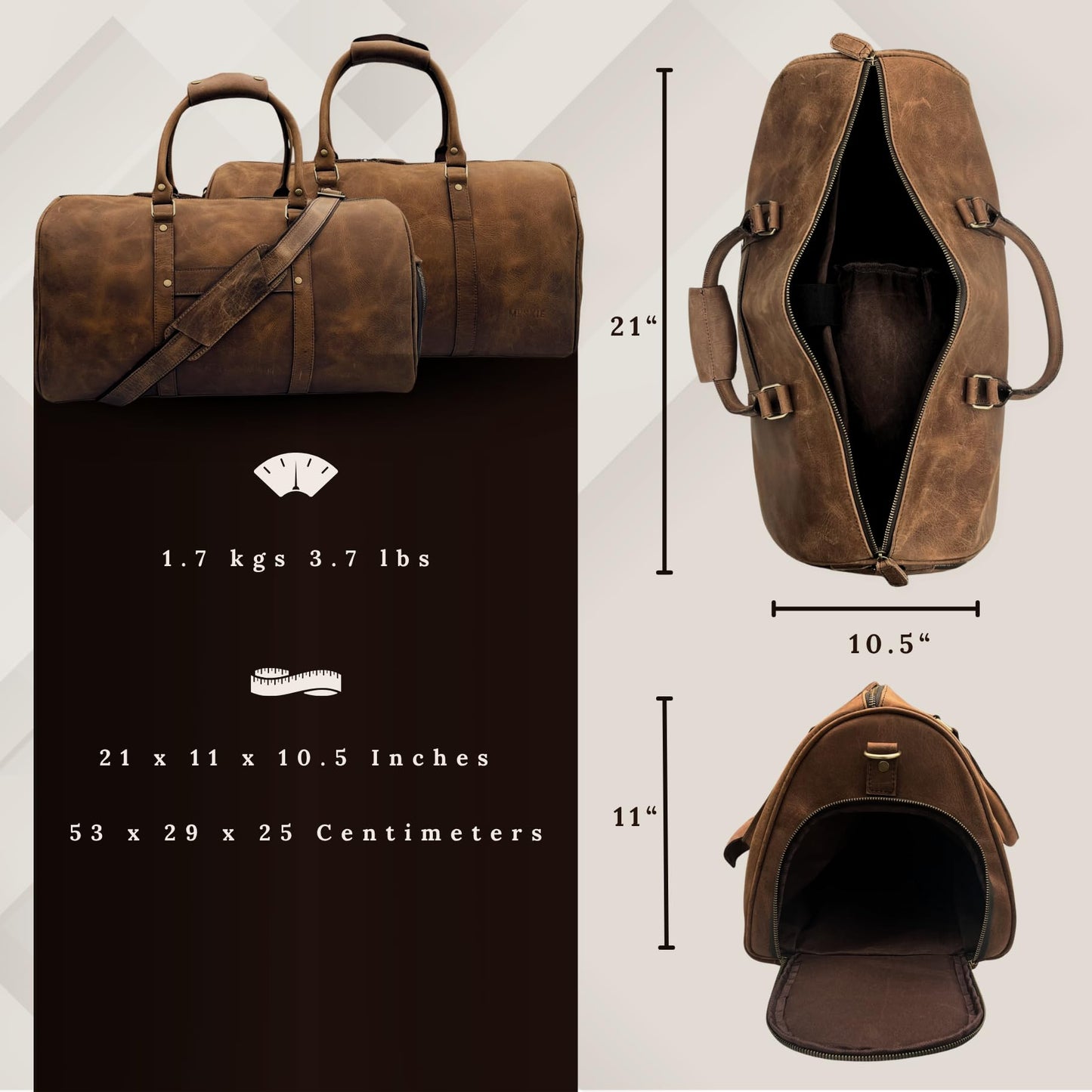 MUSKIE Leather Duffel Bags for Men & Women, 21 Inch Full-Grain Buffalo Leather Distressed Travel Bag with Shoe Compartment & Shoulder Strap