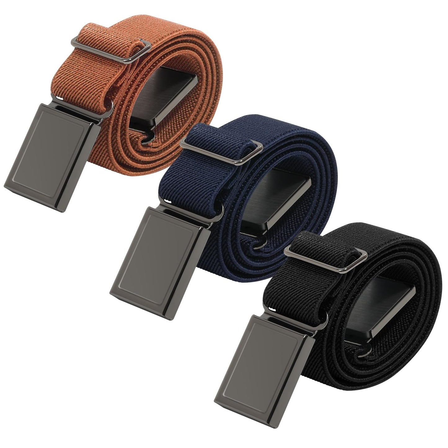 AWAYTR 3 PCS Kids Adjustable Magnetic Belts - Easy to Use Magnetic Buckle Belt for Boys and Girls (Gunmetal Buckle- Black/Navy blue/Brown)