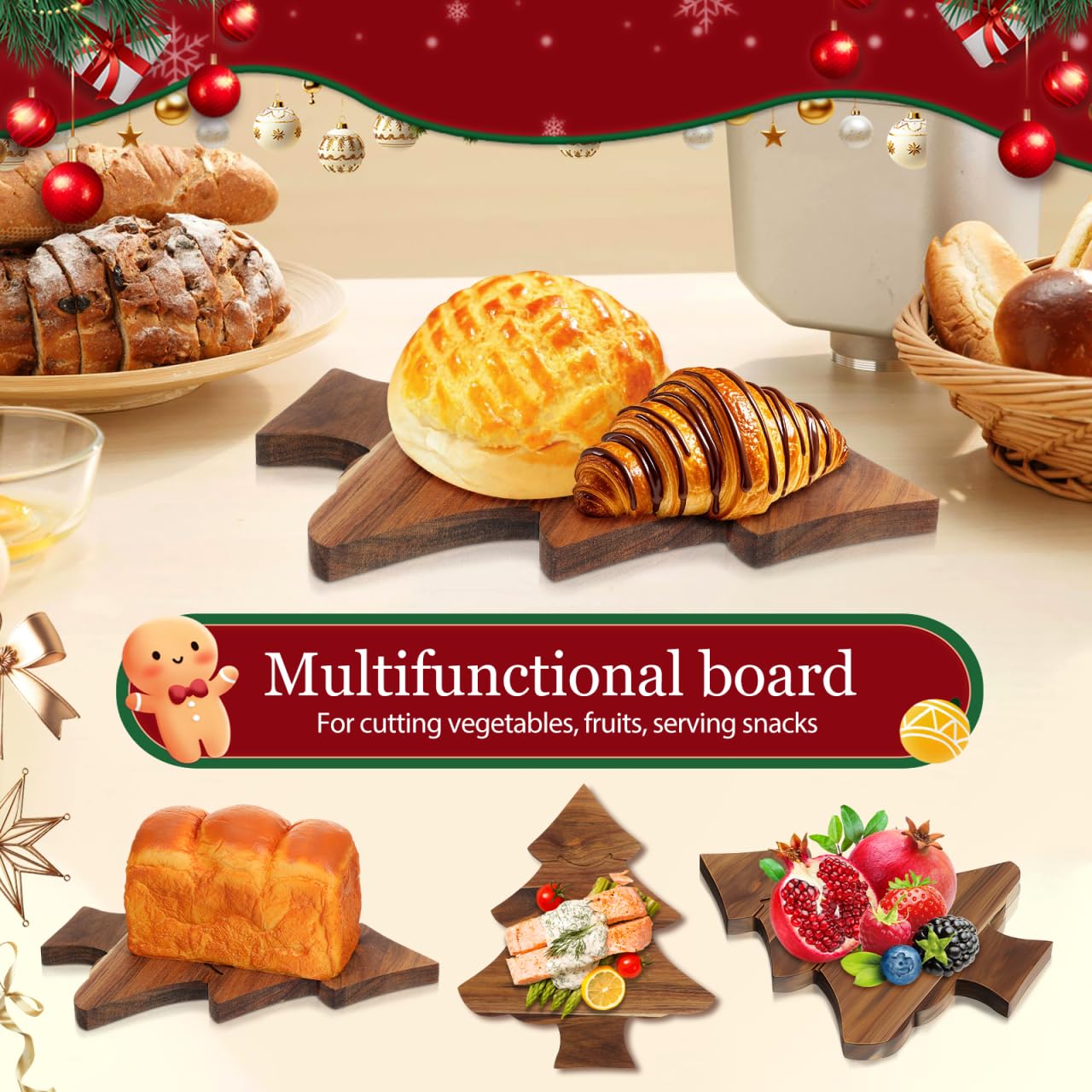 JECOMPRIS Wooden Christmas Tree Shaped Board: 11x9.8in Xmas Tree Serving Tray for Holiday - Charcuterie Board with Handle for Pizza Butcher Block Cheese Vegetables Fruit Salad