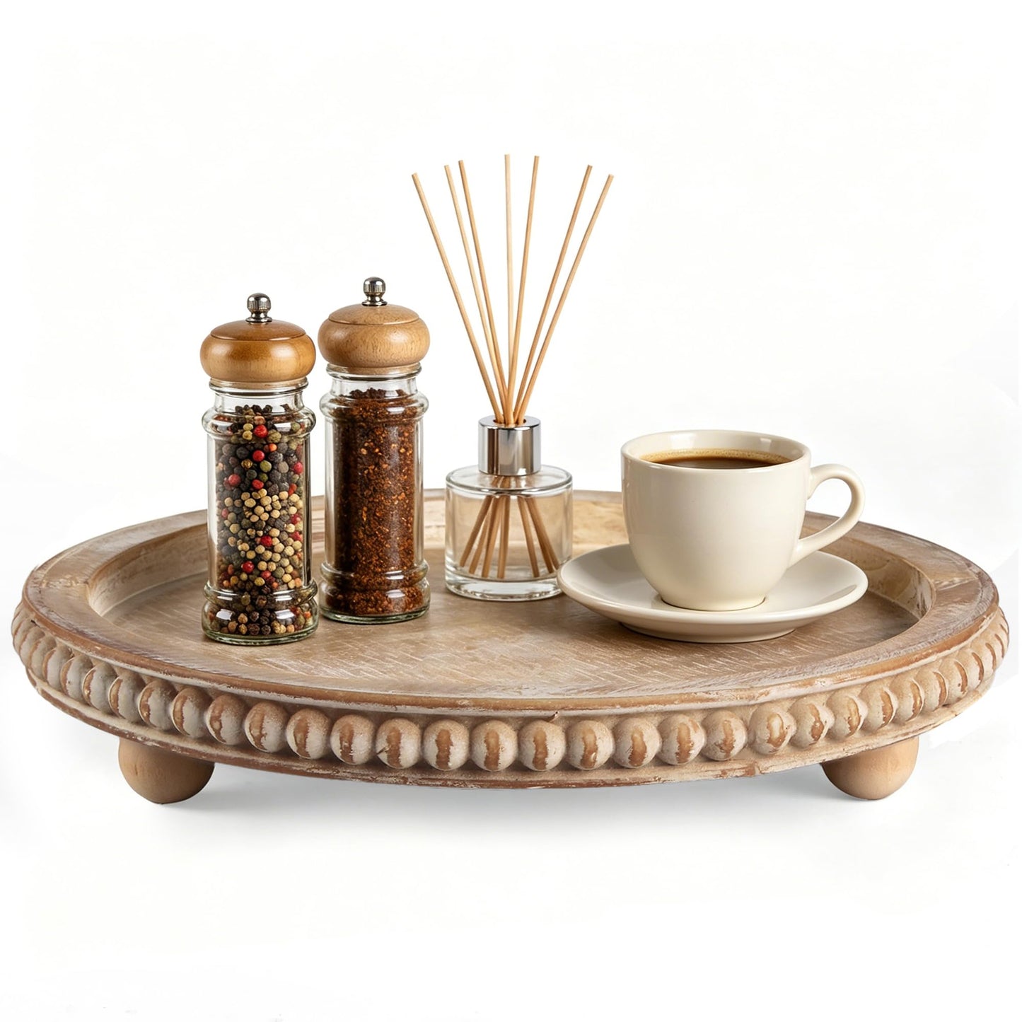 Round Decorative Tray for Coffee Table, Natural Wood Beaded Tray with Detachable Legs, 11.87" Farmhouse Rustic Serving Tray for Living Room, Ottoman, Kitchen Counter, Dining Table Decor