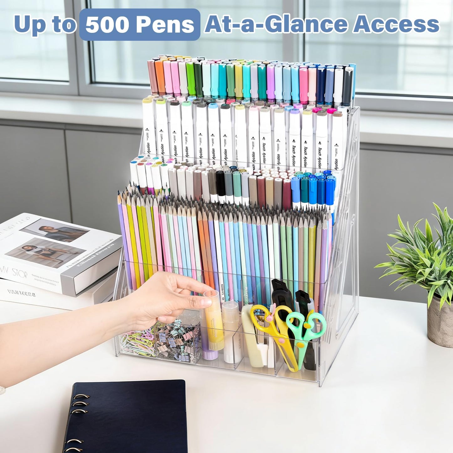 CELSOL Acrylic Pen Holder – 3 Tier 15 Compartments Vertical Storage for Markers, Pens & Art Supplies – Clear Desk Organizer for Home, School & Office – Ideal for Space-Saving & Desk Organization