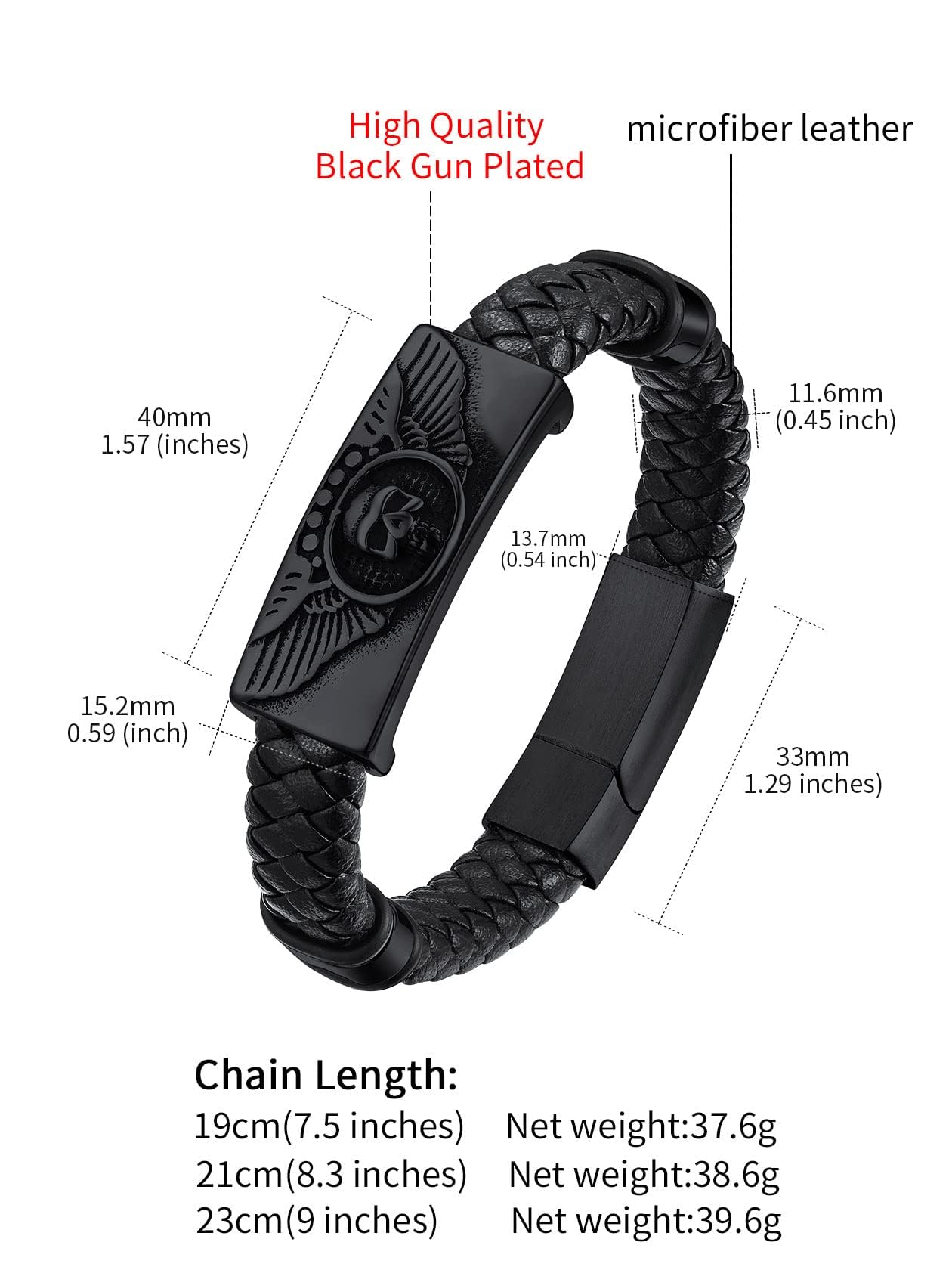 ChainsHouse Mens Braided Leather Black Bracelets Bangles, Wing Skull Bracelet for Dad Husband, 23cm